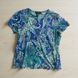 LAUREN RALPH LAUREN Blue Paisley Casual T Shirt Size Medium